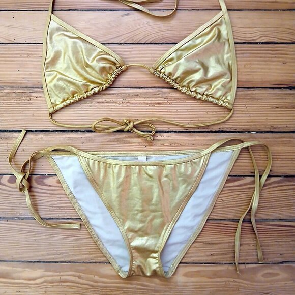 Victoria's Secret  Vintage Y2K Gold Lame' Triangle String Bikini SzL - Picture 7 of 7